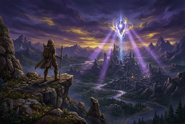 Original illustration of an adventurer overlooking a fantasy continent with a glowing relic, for the Boosting Games guide to Lost Ark