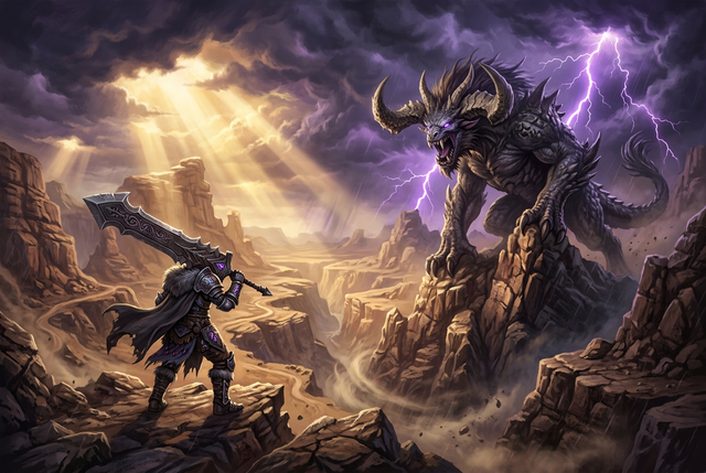 Original illustration of a lone hunter facing a giant horned beast in a stormy desert canyon for the Boosting Games guide to Monster Hunter Wilds
