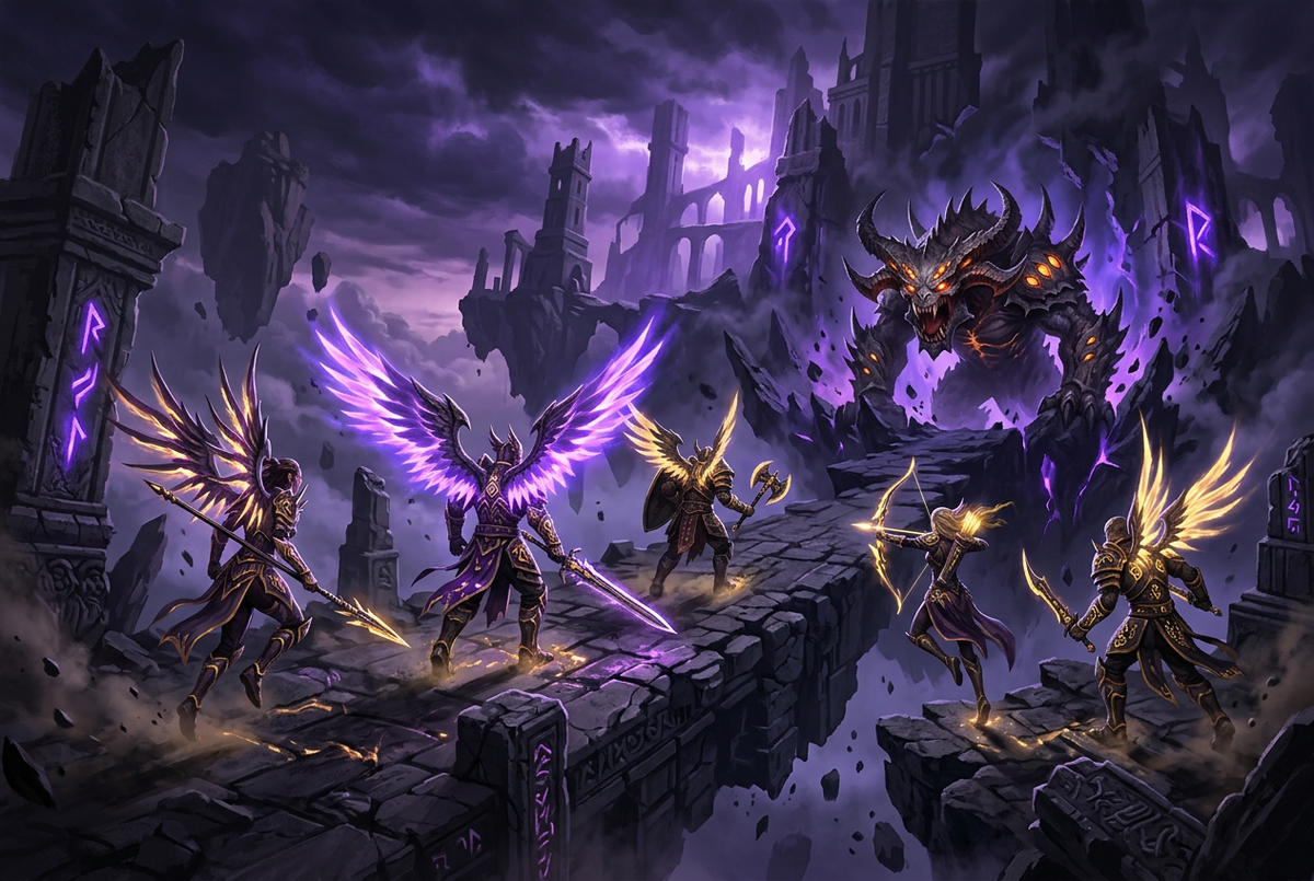 Original illustration of a winged five-player party facing a horned beast in a sky temple for the Boosting Games AION 2 dungeons guide