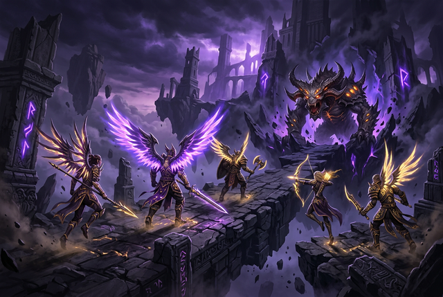 Original illustration of a winged five-player party facing a horned beast in a sky temple for the Boosting Games AION 2 dungeons guide