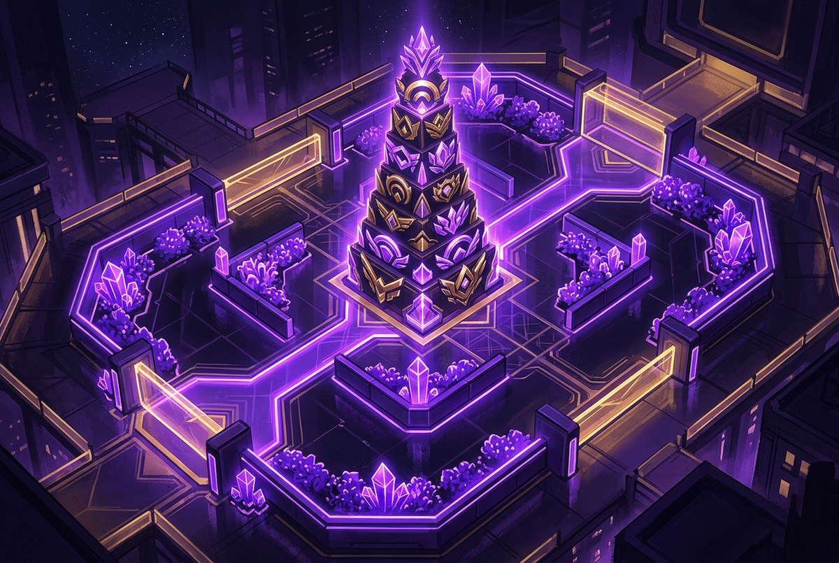 Original illustration of a neon 3v3 arena with a podium of glowing rank emblems for the Boosting Games Brawl Stars ranked guide