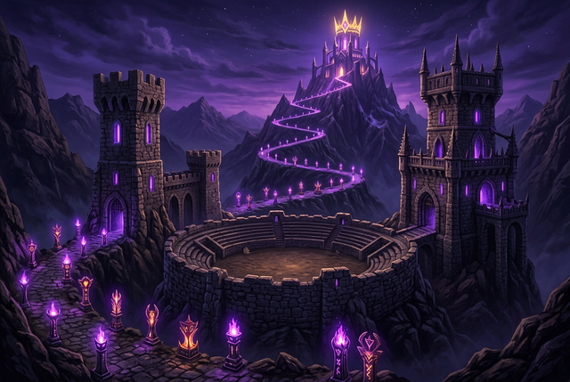 Original illustration of a glowing road of trophies leading to a crowned peak for the Boosting Games Clash Royale ranked guide