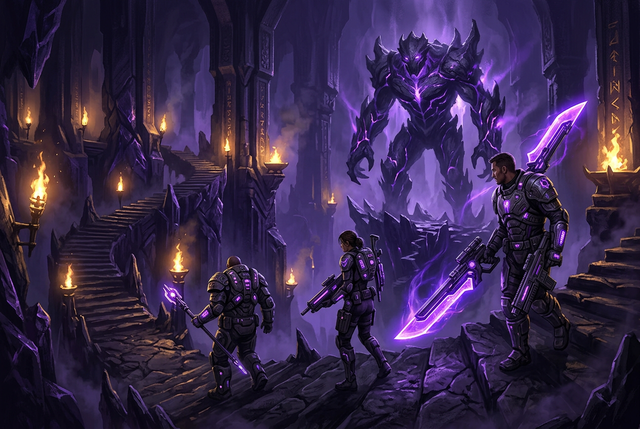 Original illustration of a three-player fireteam entering a dark alien temple for the Boosting Games Destiny 2 dungeons guide