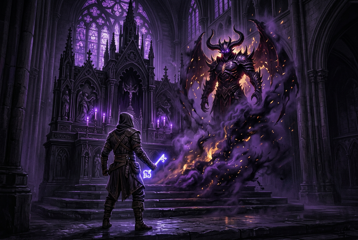 Original illustration of a hero facing a horned demon lord at a gothic altar for the Boosting Games Diablo 4 boss ladder guide