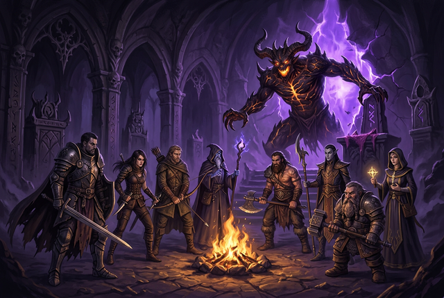 Original illustration of a hero party facing a giant demon in a gothic reliquary for the Boosting Games Diablo Immortal Helliquary guide