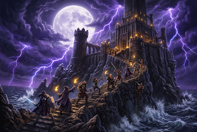 Original illustration of a twelve-person party storming a cliffside fortress for the Boosting Games ESO trials guide