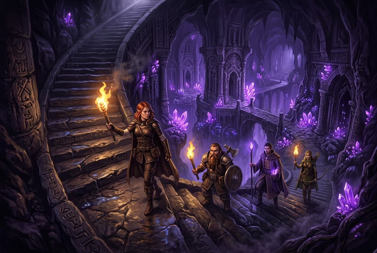 Original illustration of four adventurers descending into a torch-lit underground ruin for the Boosting Games ESO veteran dungeons guide