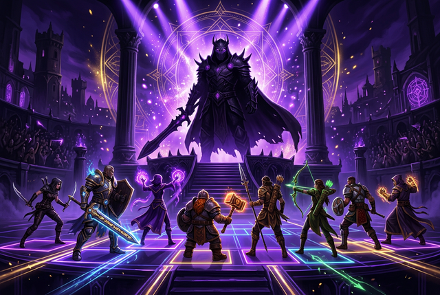 Original illustration of an eight-player party on a neon arena stage for the Boosting Games FFXIV Savage and Extreme guide