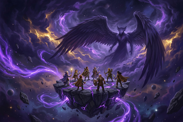 Original illustration of a small raid party facing a colossal winged shadow in a cosmic storm for the Boosting Games FFXIV Ultimate raids guide