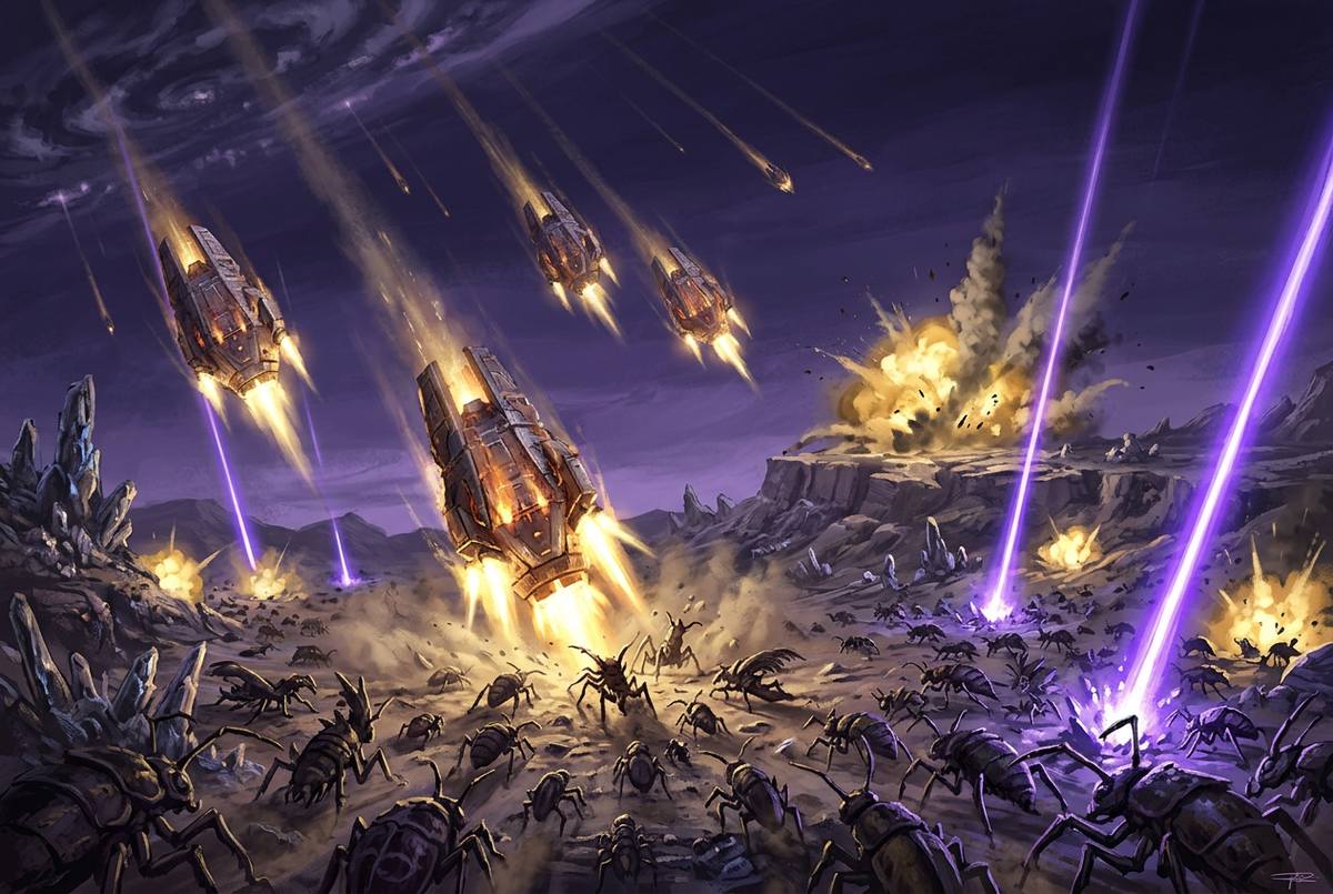 Original illustration of a four-soldier squad landing on an alien battlefield for the Boosting Games Helldivers 2 difficulty and progression guide