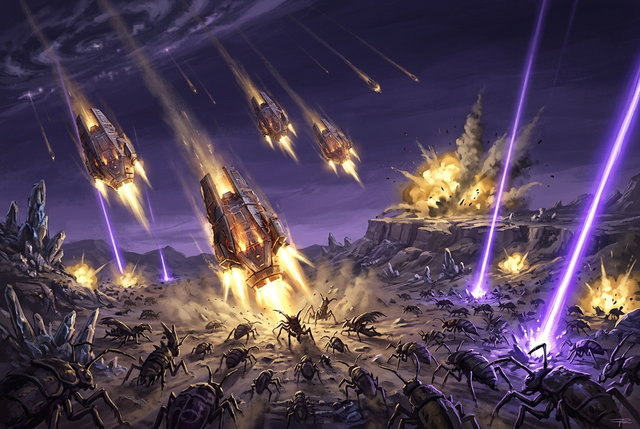 Original illustration of a four-soldier squad landing on an alien battlefield for the Boosting Games Helldivers 2 difficulty and progression guide