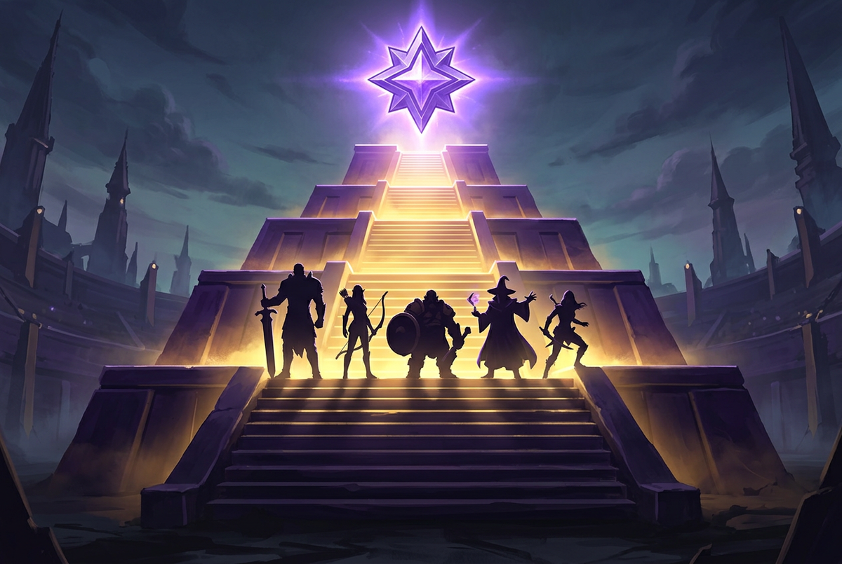 Original illustration of five heroes climbing a glowing stepped arena toward a star crest for the Boosting Games Honor of Kings ranks guide