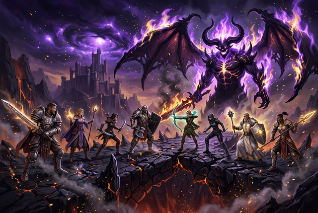 Original illustration of an eight-player party facing a horned demon lord on a bridge for the Boosting Games Lost Ark Kazeros raid guide