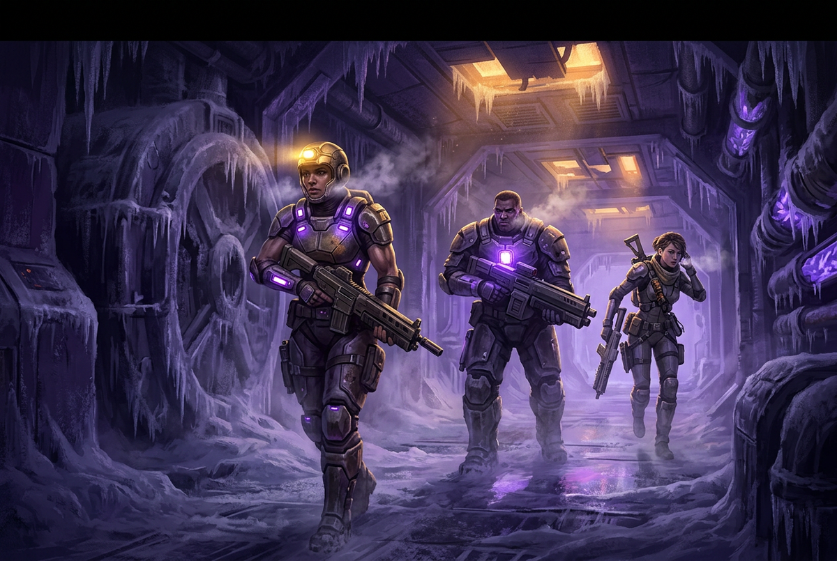Original illustration of a three-person squad crossing a frozen starship vault hall for the Boosting Games Marathon Cryo Archive guide