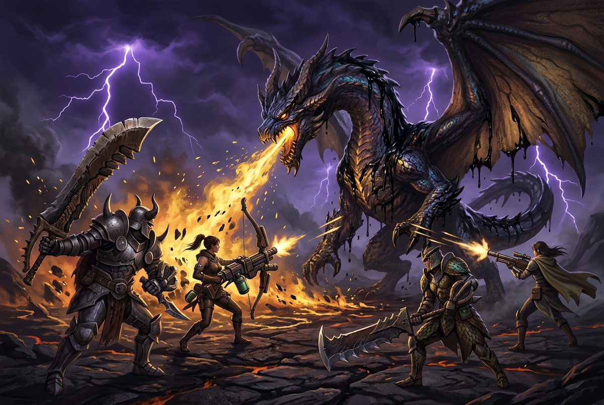 Original illustration of four hunters facing a giant dragon on a burning plateau for the Boosting Games Monster Hunter Wilds Arch-Tempered guide