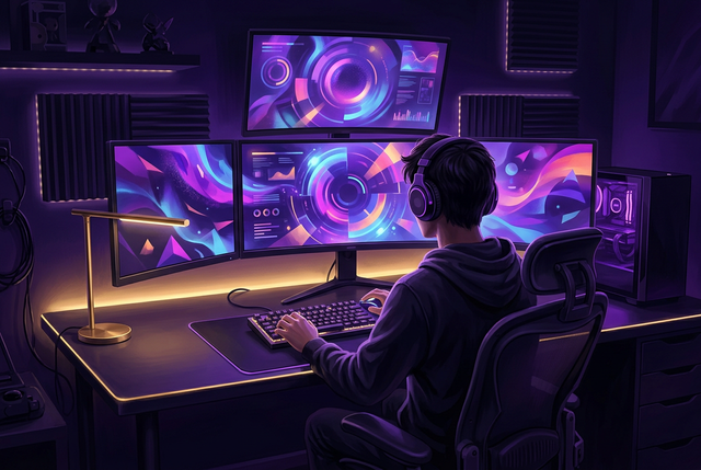Original illustration of a gamer at a glowing violet and gold setup for the Boosting Games booster hiring post