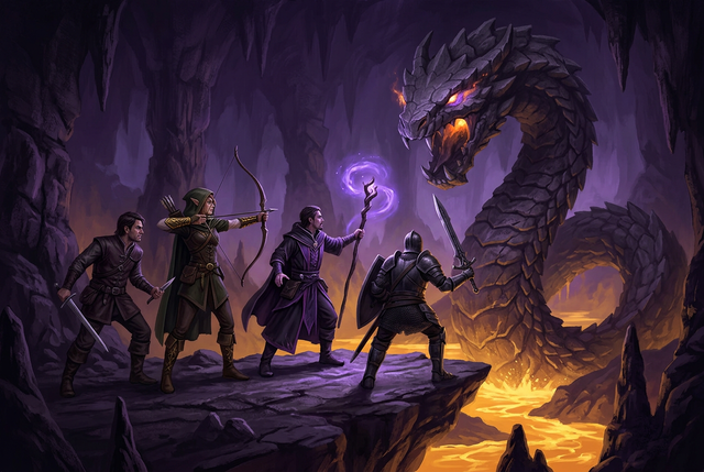 Original illustration of a fantasy raid team facing a giant stone serpent in a cavern for the Boosting Games OSRS raids guide