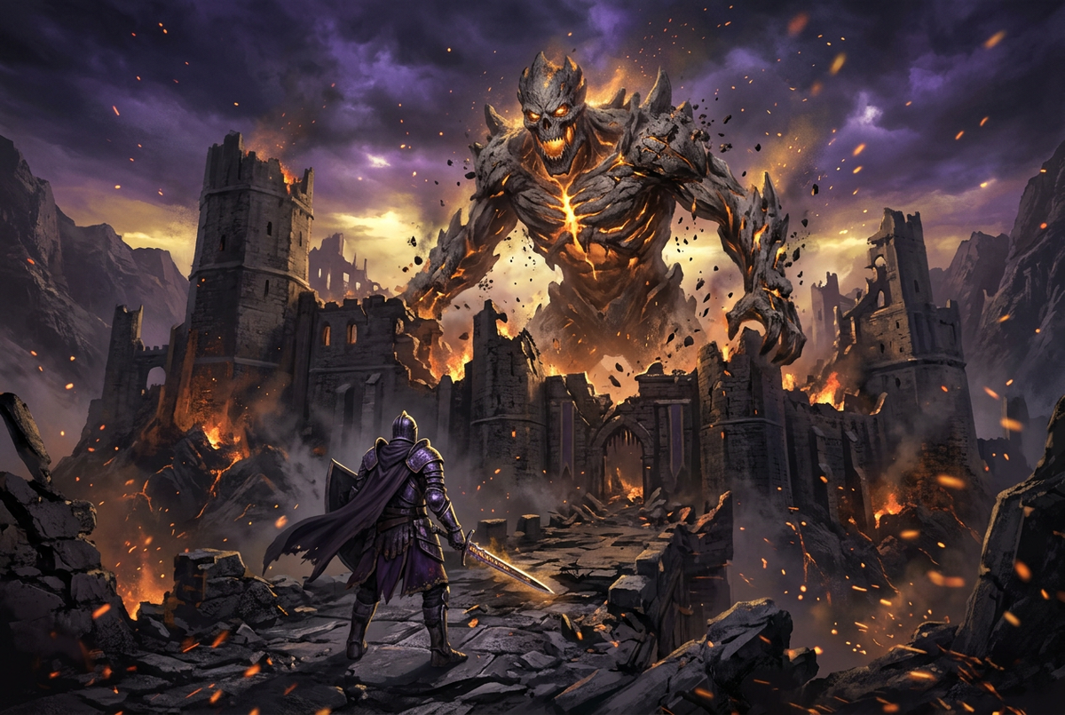 Original illustration of a hero facing a giant ash titan in a ruined fortress for the Boosting Games Path of Exile 2 pinnacle bosses guide