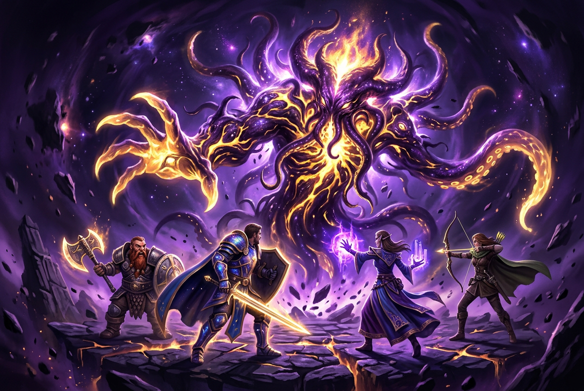 Original illustration of adventurers facing a giant cosmic star creature for the Boosting Games Path of Exile pinnacle bosses guide