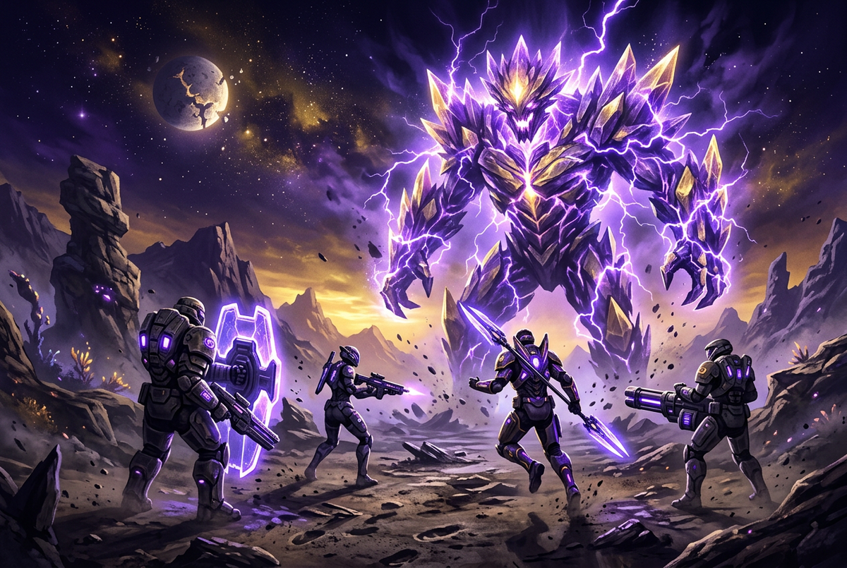 Original illustration of a squad of armored warriors facing a giant crystal colossus at night for the Boosting Games Warframe bosses guide