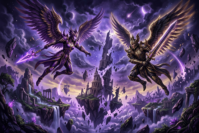 Original illustration of winged warriors above floating islands for the Boosting Games guide to AION 2