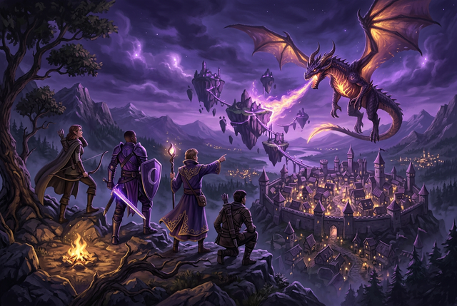 Original illustration of adventurers watching a dragon over a fantasy market town for the Boosting Games guide to Albion Online