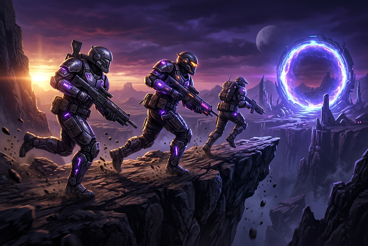 Original illustration of a three-person futuristic squad racing a closing energy ring for the Boosting Games guide to Apex Legends