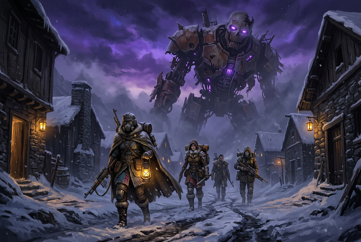 Original illustration of scavengers crossing a snowy village beneath a giant machine, for the Boosting Games guide to ARC Raiders