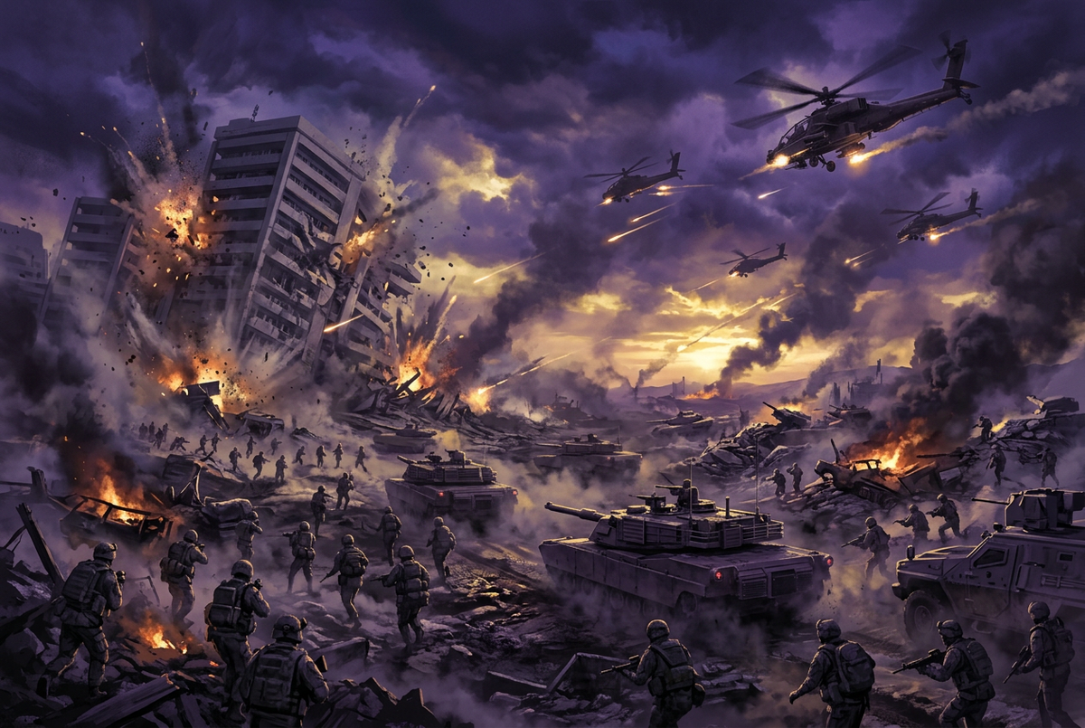 Original illustration of soldiers, tanks and helicopters on a smoky modern battlefield, for the Boosting Games guide to Battlefield 6