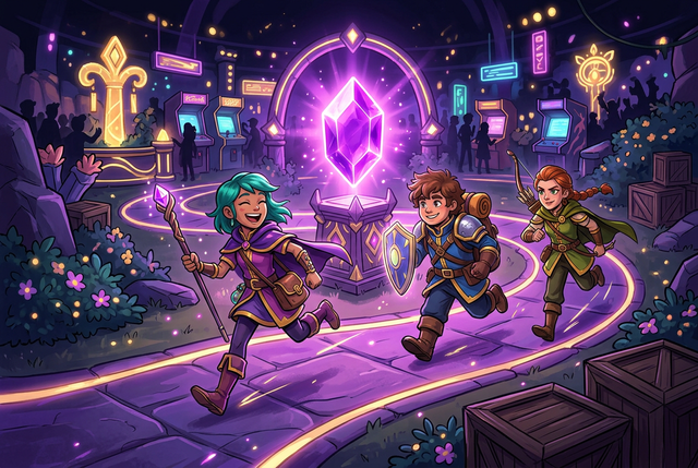 Original illustration of three cartoon adventurers racing across an arcade arena toward a glowing gem, for the Boosting Games guide to Brawl Stars
