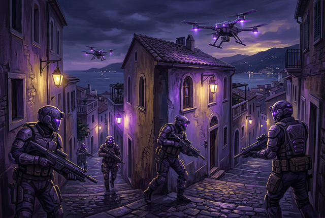 Original illustration of near-future soldiers in a coastal city at dusk, for the Boosting Games guide to Call of Duty: Black Ops 7