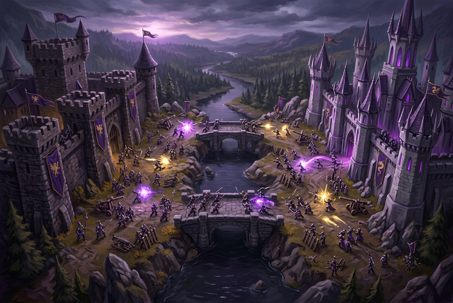 Original illustration of two fantasy castles facing off across a river arena, for the Boosting Games guide to Clash Royale