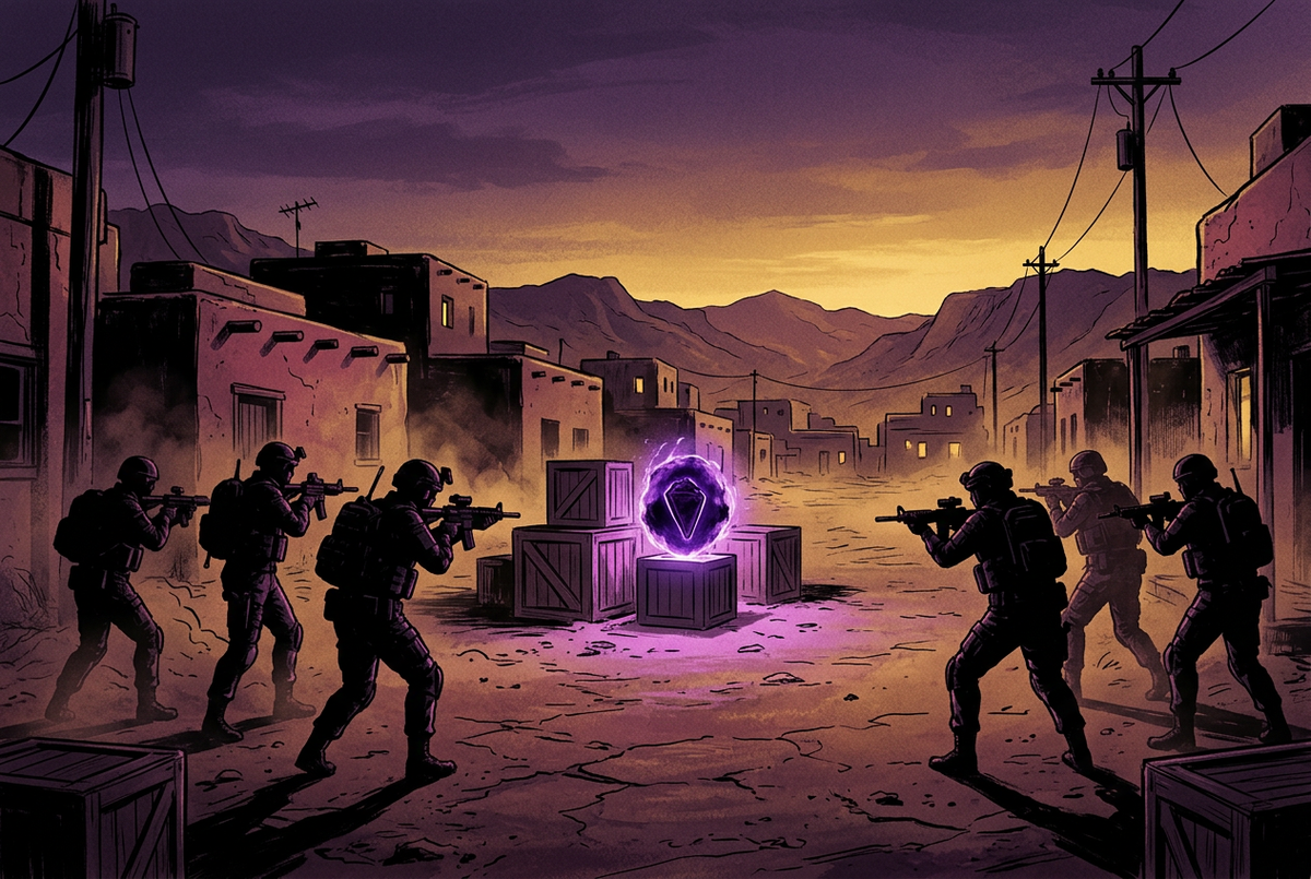 Original illustration of two tactical squads in a dusk-lit desert town for the Boosting Games guide to Counter-Strike 2