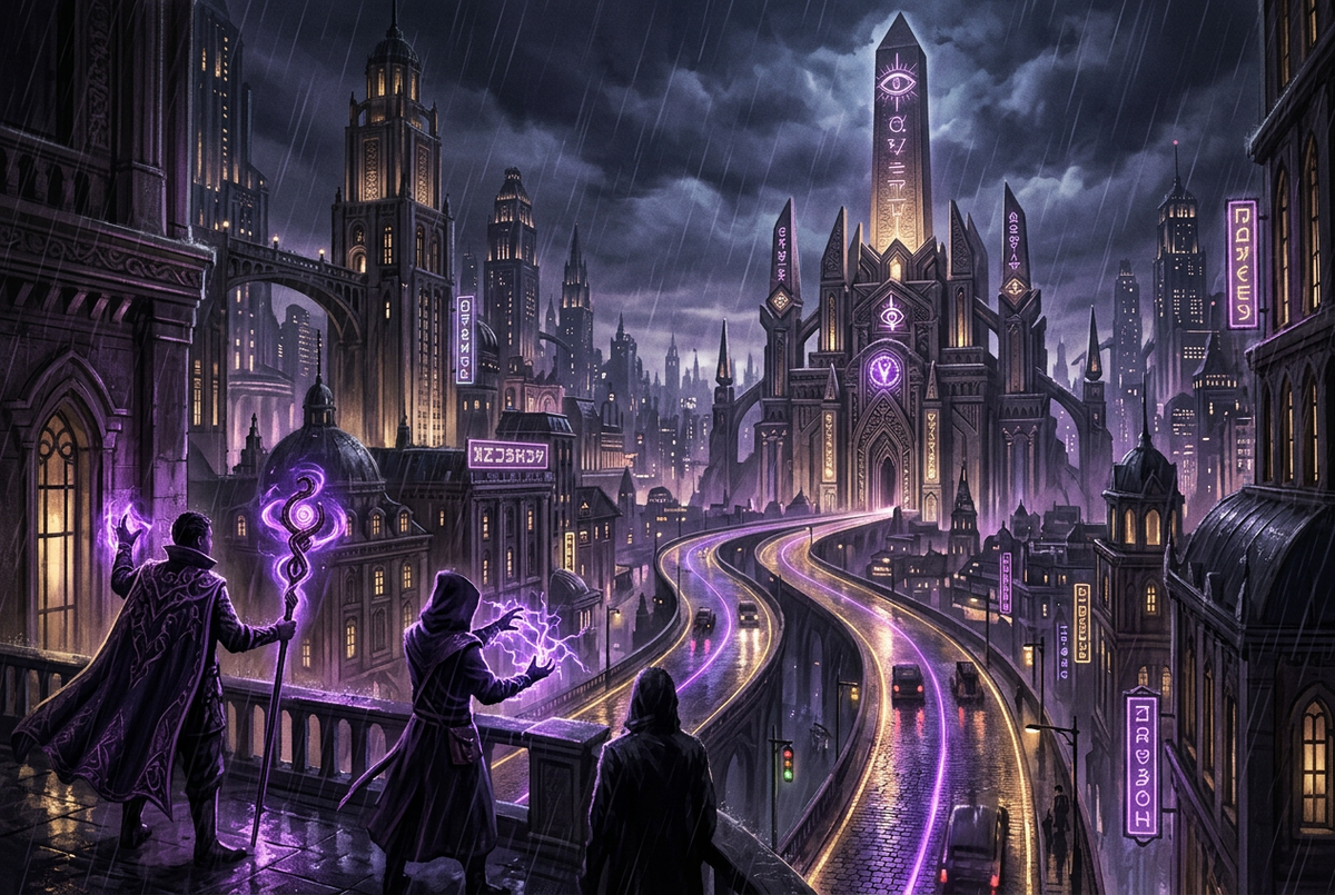 Original illustration of a supernatural art deco city with glowing lanes, for the Boosting Games guide to Deadlock