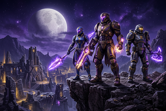 Original illustration of three armored space warriors above an alien ruin, for the Boosting Games guide to Destiny 2