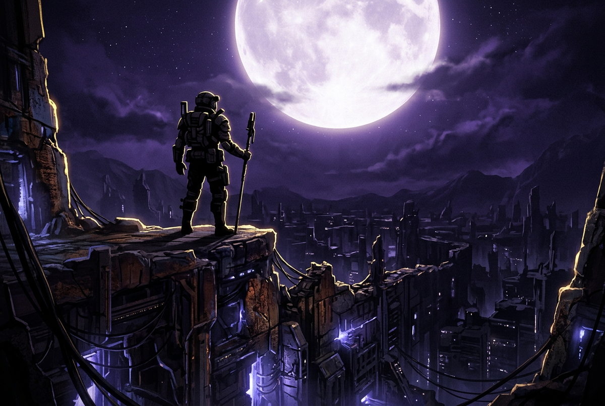 Original illustration of an armoured explorer on a ruined sci-fi city wall under a giant sphere, for the Boosting Games guide to Destiny: Rising