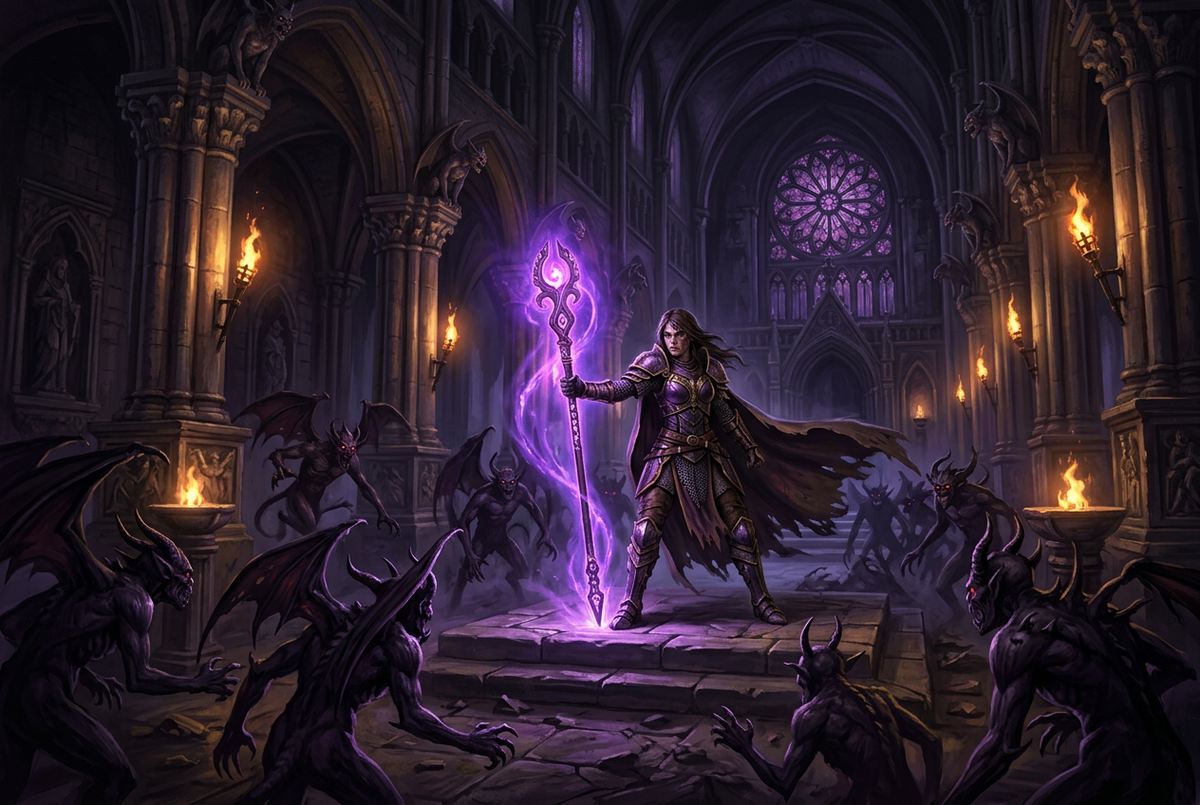 Original illustration of a warrior in a gothic underground cathedral for the Boosting Games guide to Diablo II: Resurrected