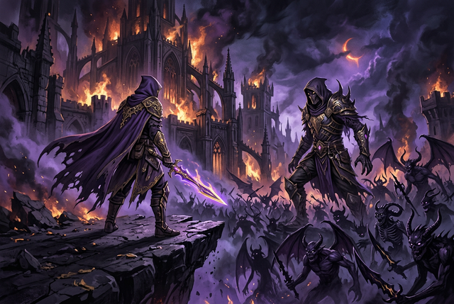 Original illustration of a hero facing a demon horde in a burning ruin for the Boosting Games guide to Diablo 4