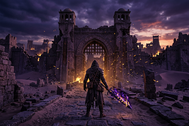 Original illustration of a hooded hero facing a ruined desert city full of embers for the Boosting Games guide to Diablo Immortal