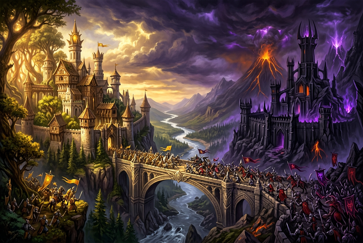Original illustration of a light and a dark stronghold divided by a river for the Boosting Games guide to Dota 2
