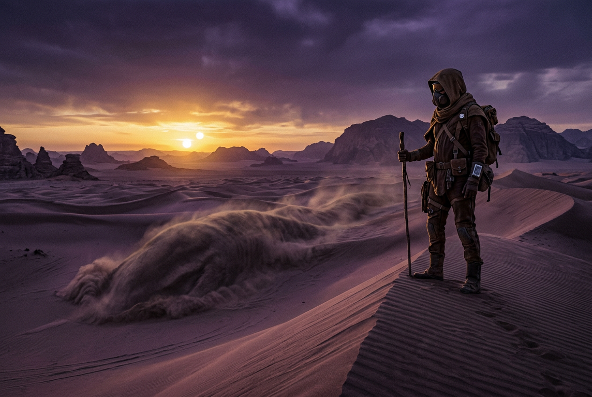 Original illustration of a hooded survivor on a huge sand dune at sunset for the Boosting Games guide to Dune: Awakening