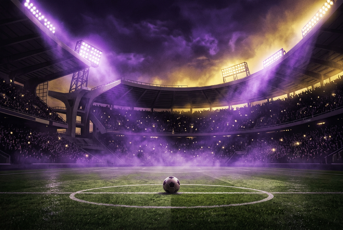 Original illustration of a floodlit football stadium at night with a ball on the centre spot, for the Boosting Games guide to EA SPORTS FC 27