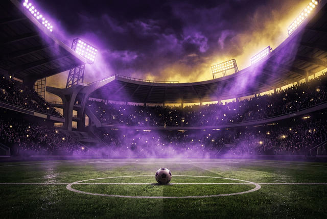 Original illustration of a floodlit football stadium at night with a ball on the centre spot, for the Boosting Games guide to EA SPORTS FC 27