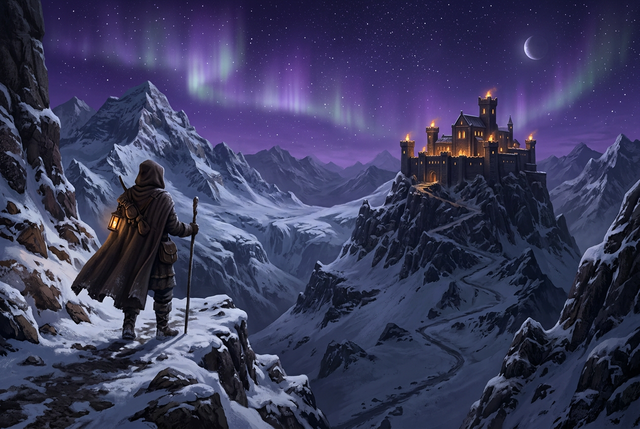 Original illustration of a traveler on a snowy pass facing a distant fortress under an aurora, for the Boosting Games guide to The Elder Scrolls Online