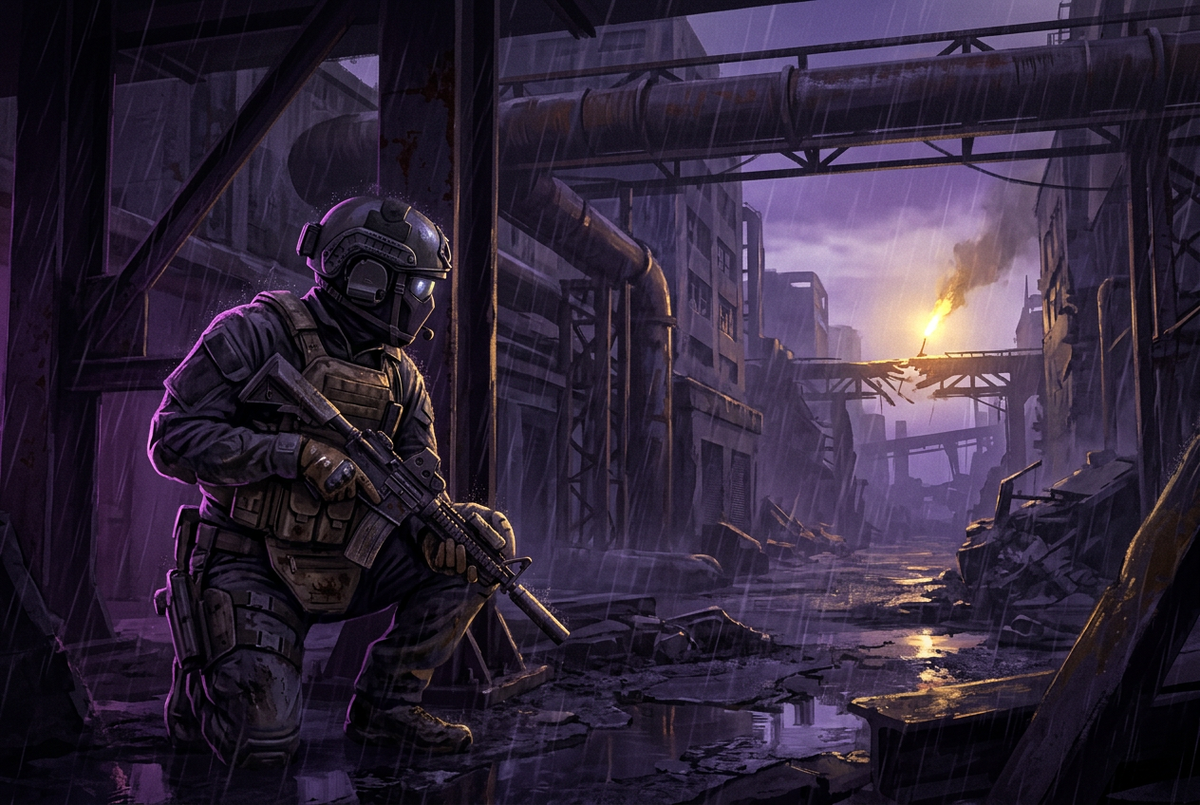 Original illustration of an armored operator heading for an escape point in a ruined city, for the Boosting Games guide to Escape from Tarkov
