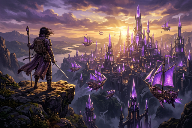 Original illustration of an adventurer overlooking a crystal-spired city for the Boosting Games guide to Final Fantasy XIV