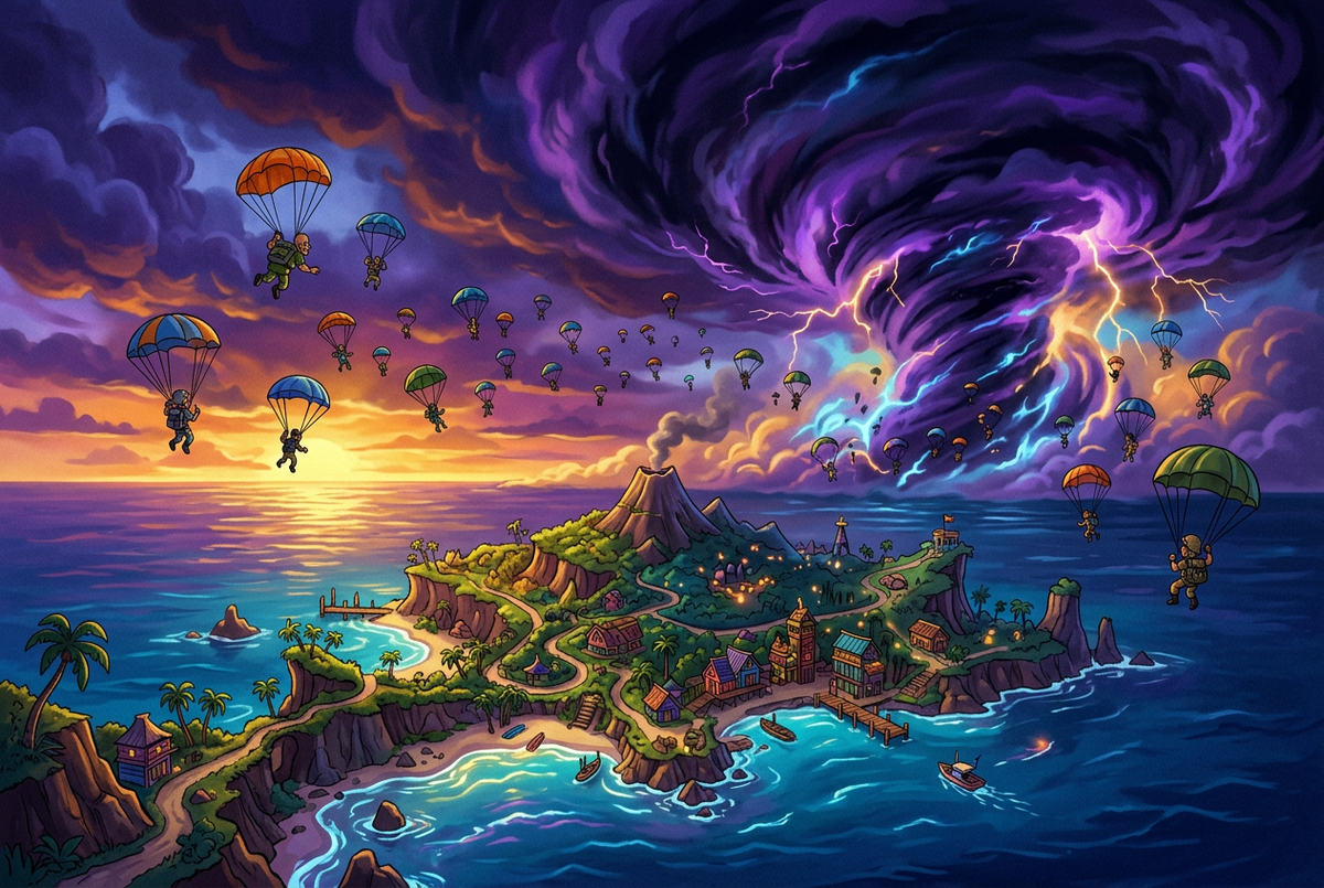 Original illustration of players gliding onto an island as a violet storm closes in for the Boosting Games guide to Fortnite