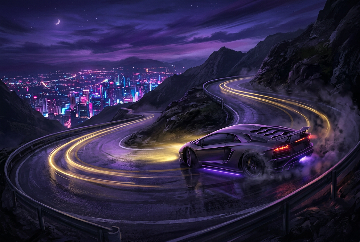 Original illustration of an unbranded sports car drifting on a mountain road above a neon city, for the Boosting Games guide to Forza Horizon 6