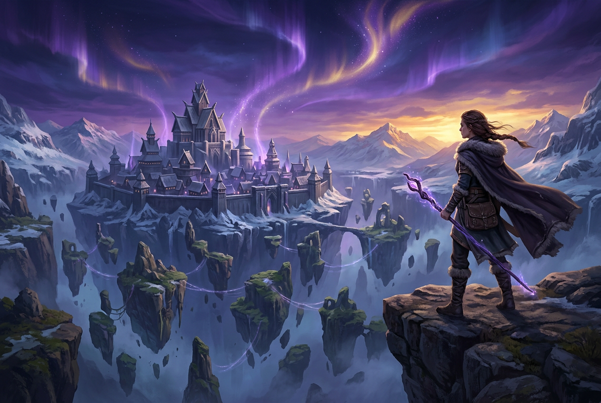Original illustration of a traveler on a cliff above floating islands and a frozen city for the Boosting Games guide to Genshin Impact