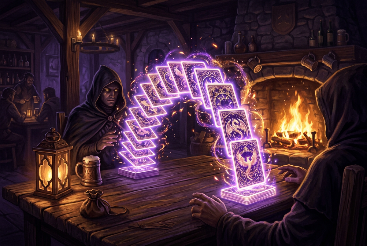 Original illustration of glowing cards rising over a tavern table for the Boosting Games guide to Hearthstone